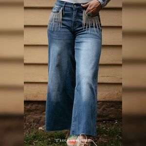 Lucky & Blessed Blue Wide-Leg Jeans with Rhinestone Fringe